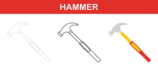 Vector hammer tracing and coloring worksheet for kids