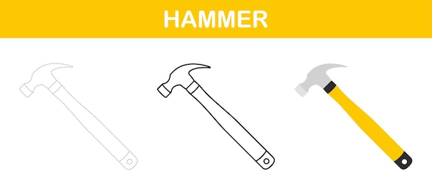 Vector hammer tracing and coloring worksheet for kids