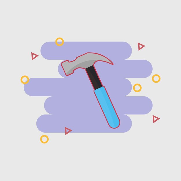 A hammer with a blue handle sits on a purple background.