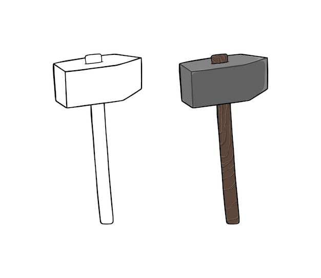 Hammer on a wooden handle construction tool doodle linear cartoon coloring