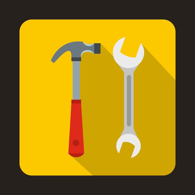 Hammer and wrench icon in flat style isolated with long shadow