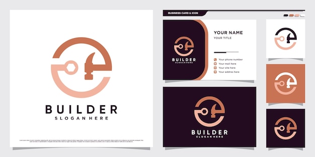Дизайн логотипа молотка и гаечного ключа для иконки ремонта с креативной концепцией и шаблоном визитной карточки
