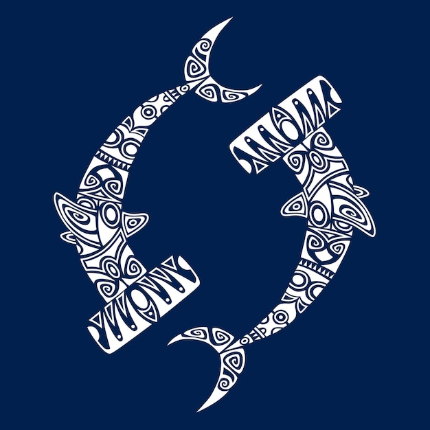 Hammerhead shark illustration maori style ornament white on blue background