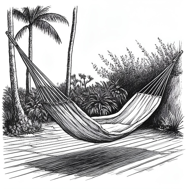 Vector hammock ink sketch drawing black and white engraving style vector illustration