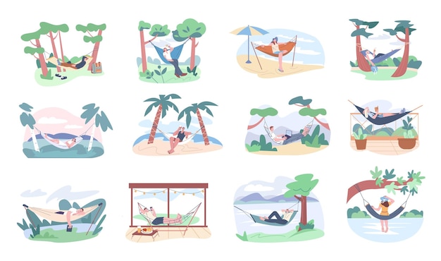 Hammock summer resting People relaxing in hammocks on nature on beach Outdoor vacations travel Person reading and working kicky vector scenes