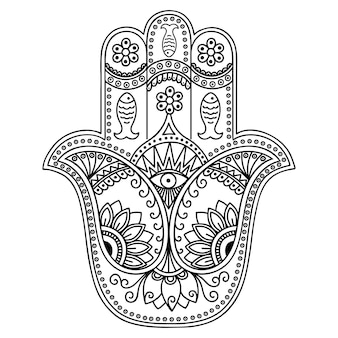 Simbolo disegnato a mano di hamsa con il fiore. motivo decorativo in stile orientale per la decorazione d'interni e disegni all'henné. l'antico segno della 