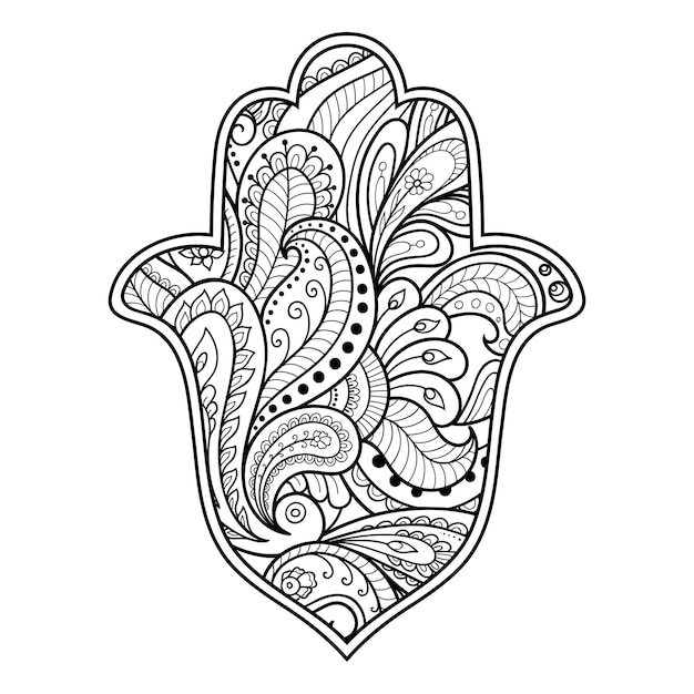 Simbolo disegnato a mano di hamsa con fiore motivo decorativo in stile orientale per la decorazione di interni e disegni all'henné l'antico segno della mano di fatima