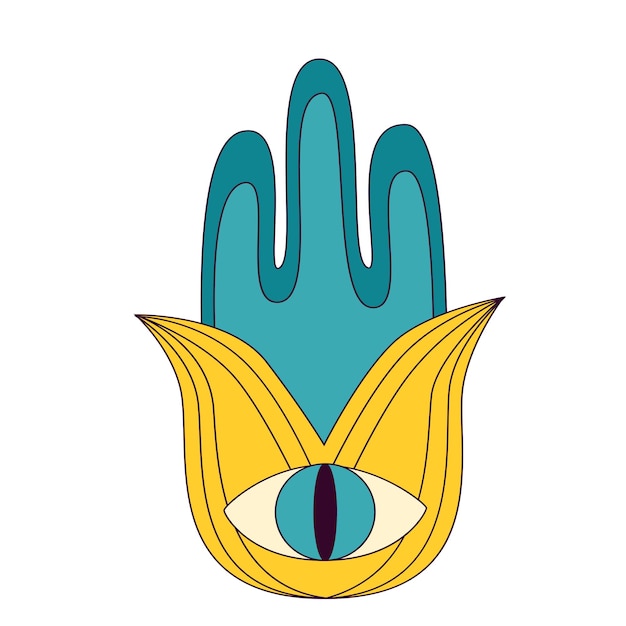 Vector hamsa hand retro icon fatima eye 1970 fantasy abstract style ethnic esoteric amulet