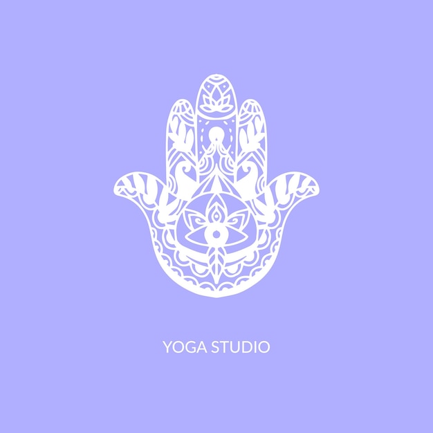 Mano di hamsa, illustrazione vettoriale del segno religioso con l'occhio che tutto vede. simbolo dello studio di yoga. illustrazione in bianco su sfondo viola.