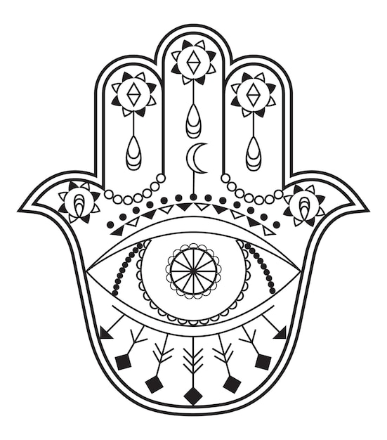 Hamsa hand vector met mystieke esoterische symbolen zoals piramide boze oog indiase kleurenpagina tatoeage henna illustratie wicca astrologische occulte kunst