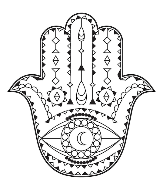 Vettore di mano di hamsa con simboli esoterici mistici come piramide malocchio indiano colore pagina tatuaggio henné illustrazione arte occulta astrologica wicca