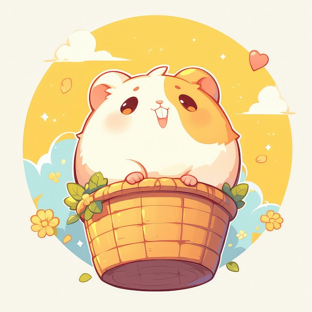 A hamster riding a hot air balloon cartoon style