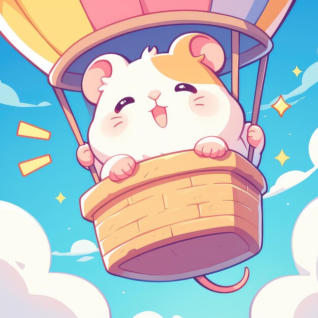 A hamster riding a hot air balloon cartoon style