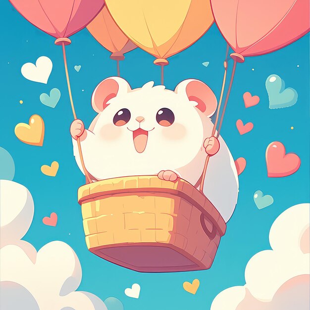 A hamster riding a hot air balloon cartoon style