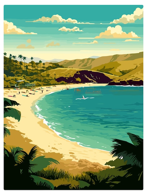 Hanauma bay hawaii vintage travel poster souvenir postcard portrait painting wpa illustration