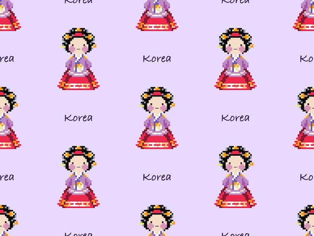 Vettore modello senza cuciture del personaggio dei cartoni animati di hanbok su sfondo viola stile pixel