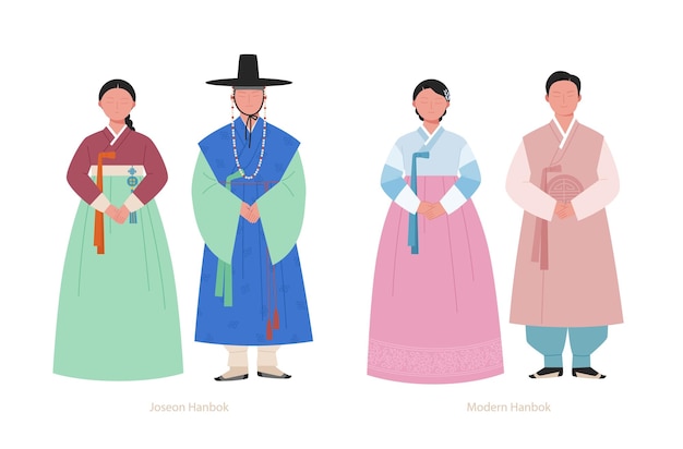 Hanbok of the joseon dynasty and modern hanbok hand drawn vector illustration