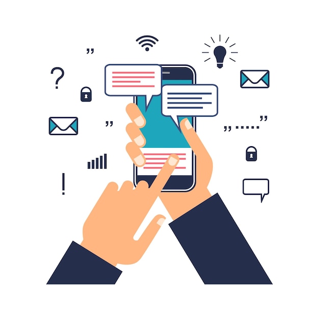 Hand aanraken van smartphone met berichtsymbool op het scherm Man persoon hand chatten op mobiel