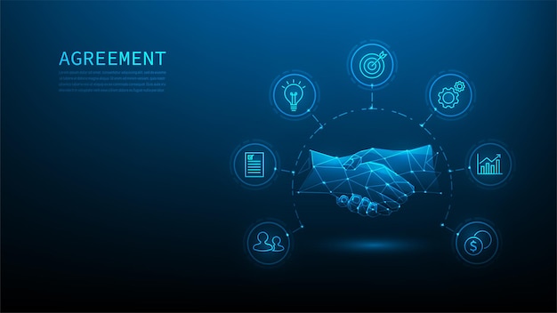 Hand agreement contract technology with icon on blue background handshake business connection