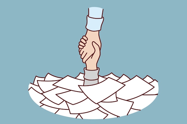 Vector hand among papers asks for help and salvation from bureaucracy and overabundance paperwork