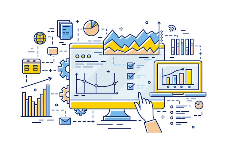 Vector hand of analyst pointing at computer display with results of statistical data analysis on it, diagrams, charts and graphs. business analytics and statistics. vector illustration in linear style.