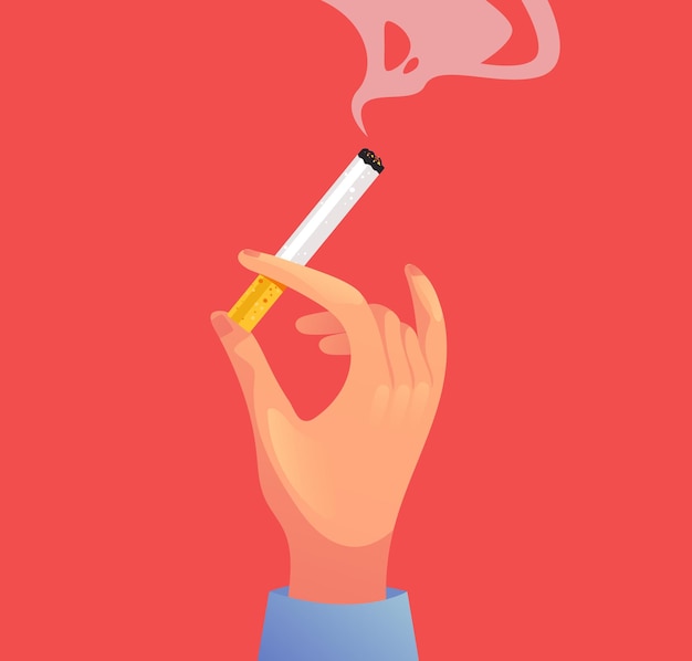 Vector hand arm hold cigarette smoke isolated on background flat graphic design element concept