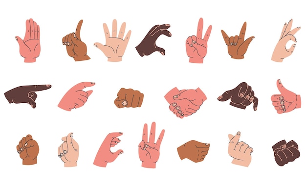 Vector hand arm vingers met verschillende gebaar positie concept geïsoleerde set doodle lijn kunststijl concept