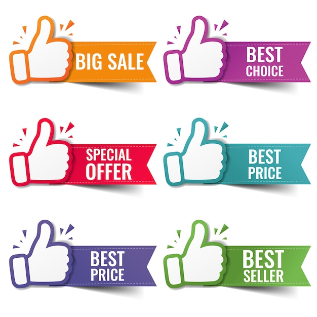 Hand banner collection recommended with thumbs up with white background