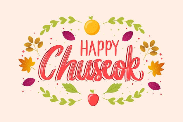 Hand belettering happy chuseok met herfstbladeren en fruit