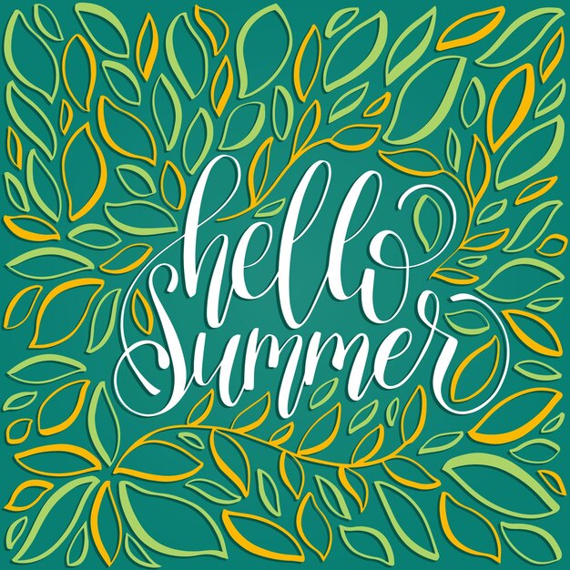 Hand belettering inspirerende poster Hallo zomer kalligrafie op bladeren achtergrond Vector leuk citaat illustratie