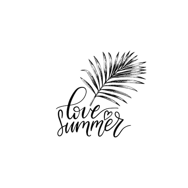 Hand belettering inspirerende poster met citaat Love Summer Vector tropische palm blad illustratie Kalligrafie op witte achtergrond