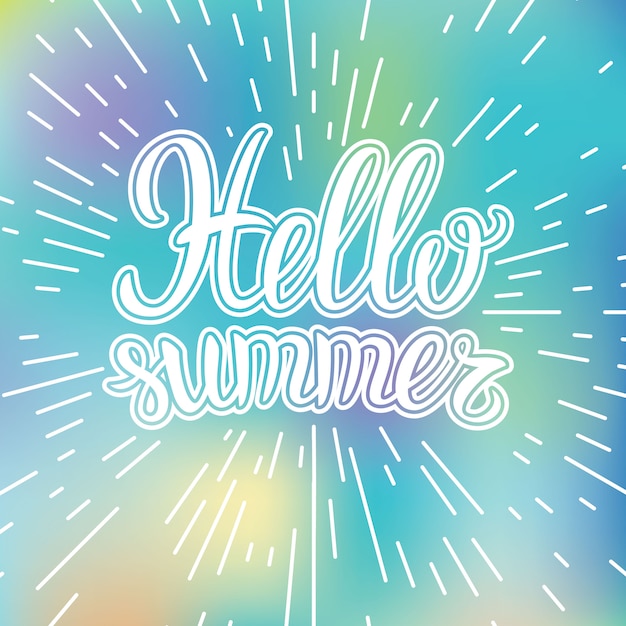 Hand belettering inspirerende typografie poster Hallo zomer op onscherpe achtergrond.