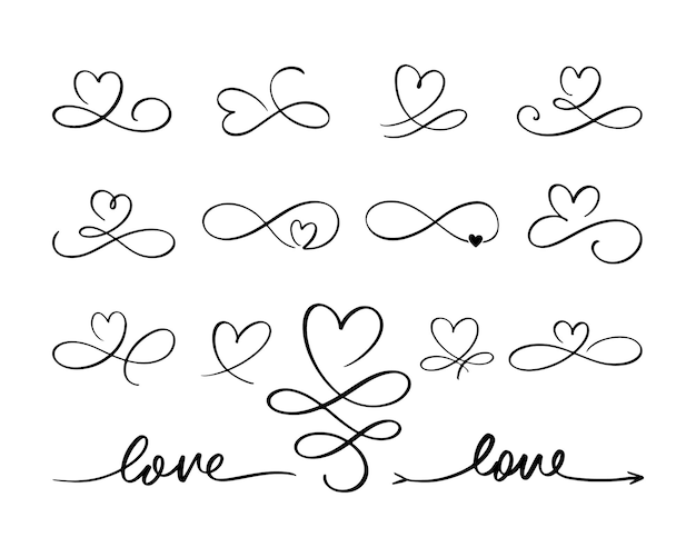 Hand belettering liefde oneindig hartsymbool met woord set hou van je hand getrokken liefde bloeien harten