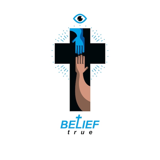 Hand of believer extends to the hand of god, helping and love\
of jesus. christian cross true belief in god vector symbol,\
christianity religion icon.