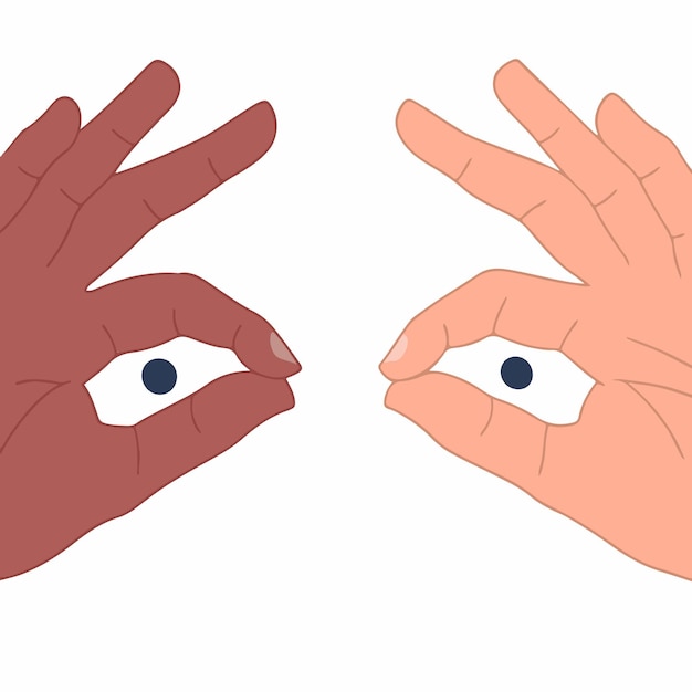 Hand binoculars gesture of two hands with different skin colors flat vector illustrations