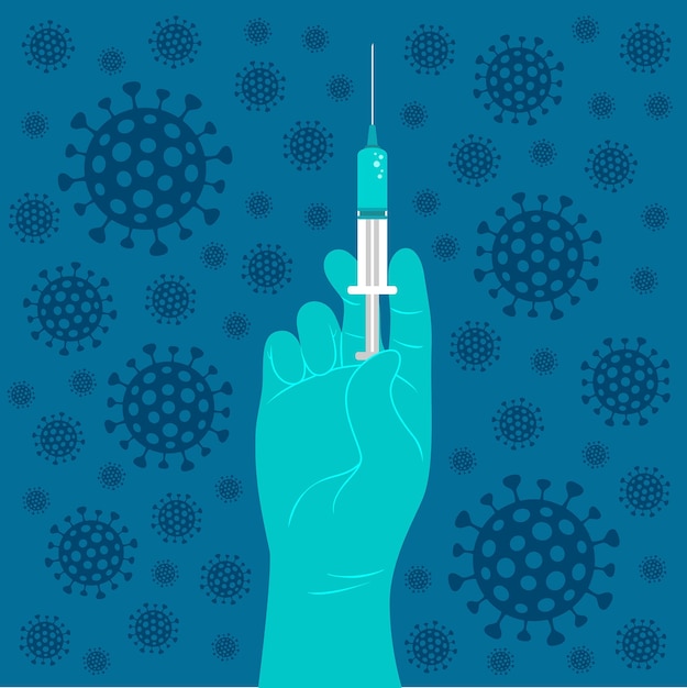 Hand in a blue gloves holding syringe on blue background with coronavirus pattern