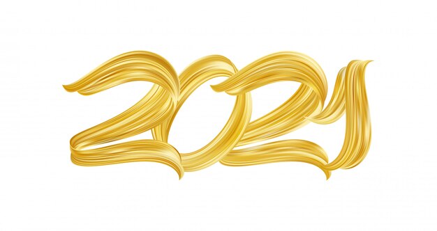 Hand brush stroke golden paint lettering number of 2021. happy new year