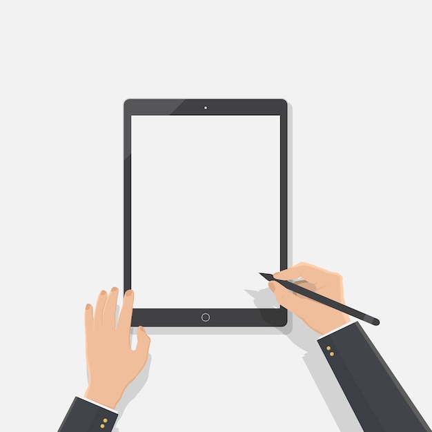 ビジネスマンの手がタブレットとスタイラスペンを持って