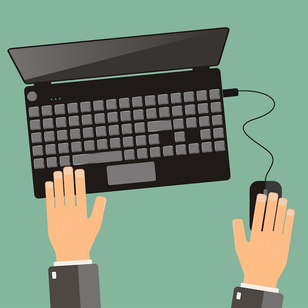 Hand of business man use laptop Top view flat design Vector