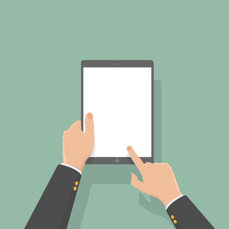 Vector hand of businessman hold tablet and touch
