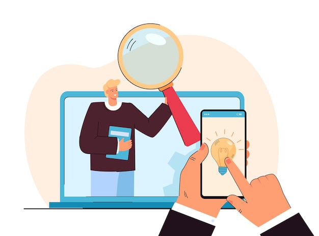 Hand of businessman searching for ideas or information via phone. man with big magnifier on laptop screen flat vector illustration. technology, search concept for banner or landing web page