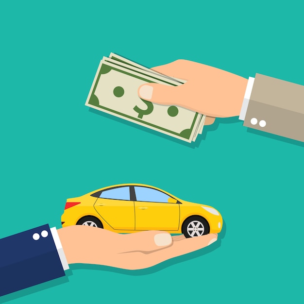 Vector hand of businessman with money buying a car