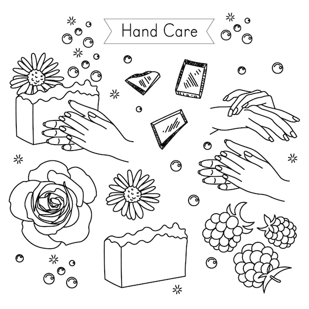 Set per la cura delle mani per le icone vettoriali dei cosmetici ecologici del salone della stazione termale in stile schizzo