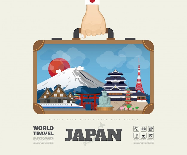 Mano che trasporta la borsa globale di infographic di viaggio e di viaggio del punto di riferimento del giappone. vector flat design template.vector / illustration.può essere utilizzato per il tuo banner, affari, istruzione, sito web o qualsiasi opera d'arte