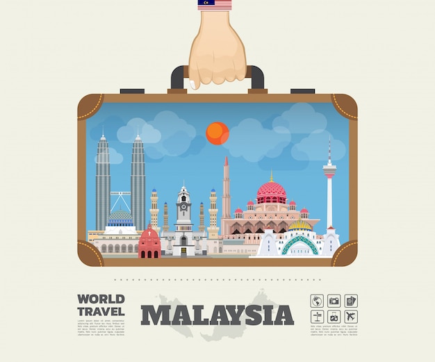 Vector hand carrying malaysia landmark global travel and journey infographic bag.