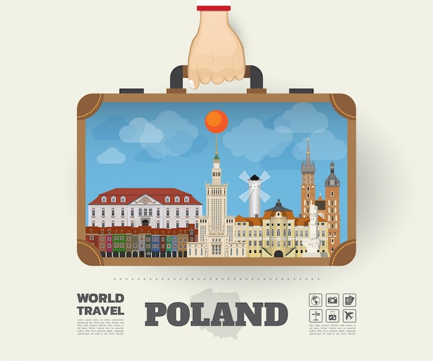 Mano che trasporta la borsa globale di infographic di viaggio e di viaggio del punto di riferimento della polonia.