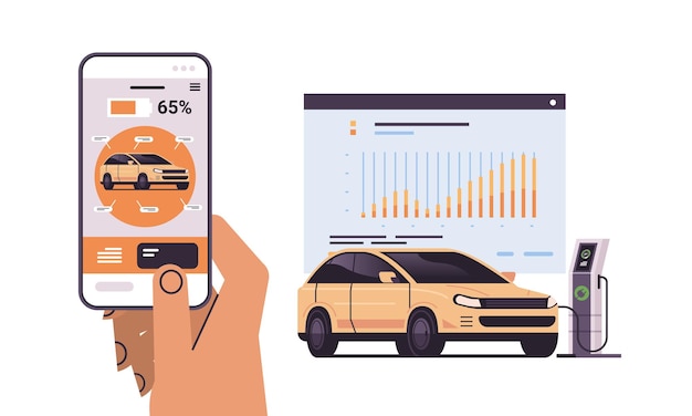 Hand charging electric car in mobile app battery vehicle at recharging power station charger ev management zero emission