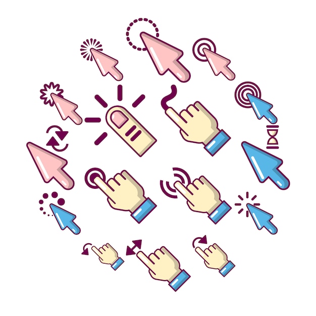 Hand click icons set, cartoon style