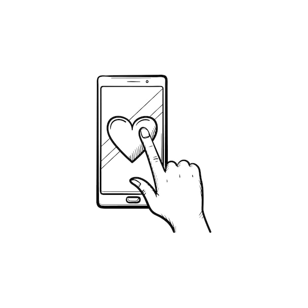 Mano che fa clic sul cuore sullo schermo dello smartphone icona di doodle di contorni disegnati a mano. social networking, concetto di valutazione