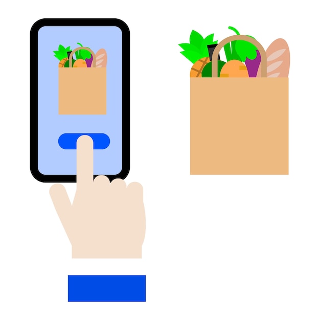 Vector hand clicking on phone button to buy a bag of grocery products